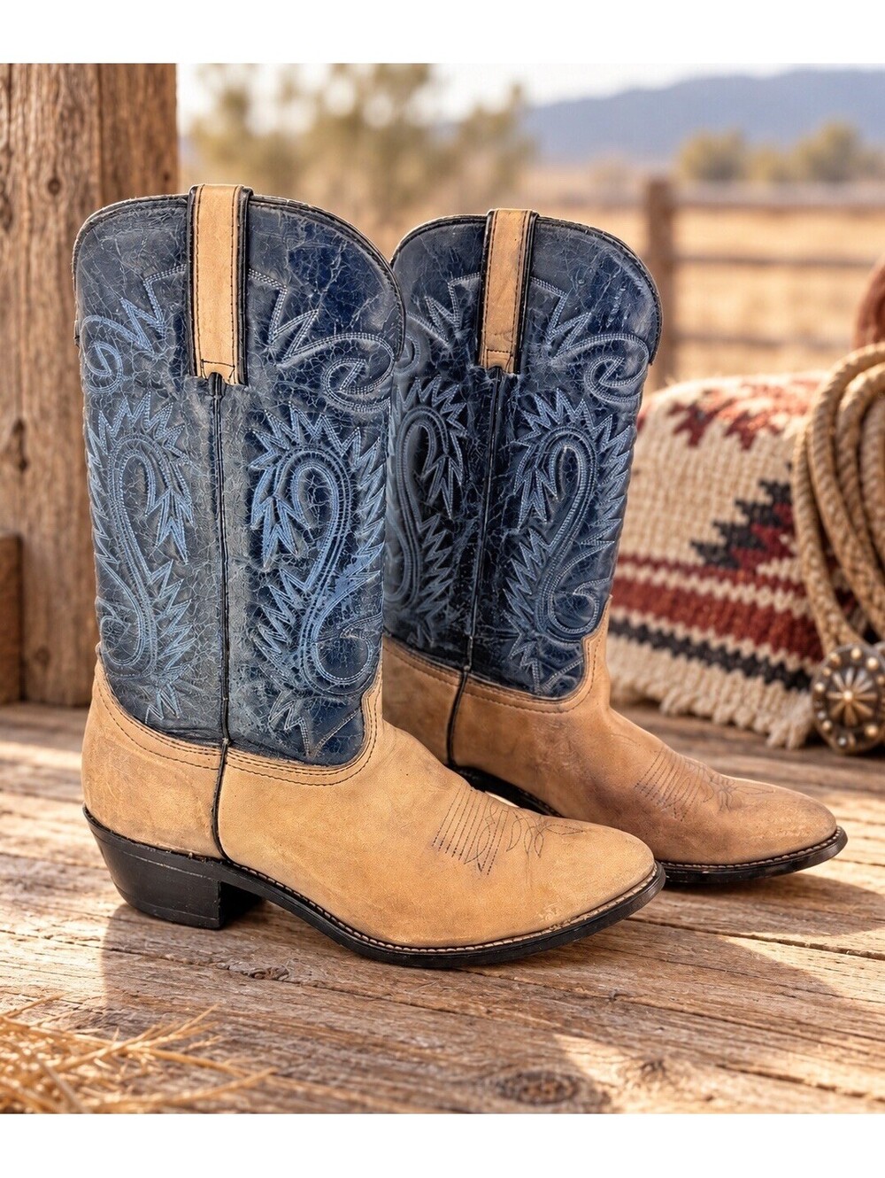 Vintage Durango Women’s 11B Cowboy Boots Blue Tan Leather Western Made USA